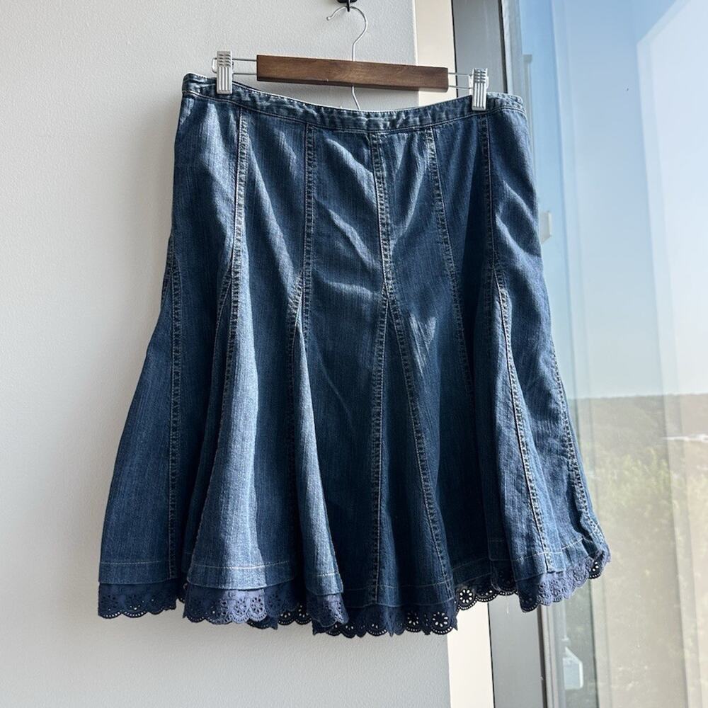 Fieldgear Blue Solid Denim Knee A-Line Skirt Zip Eyelet Accent Size 12